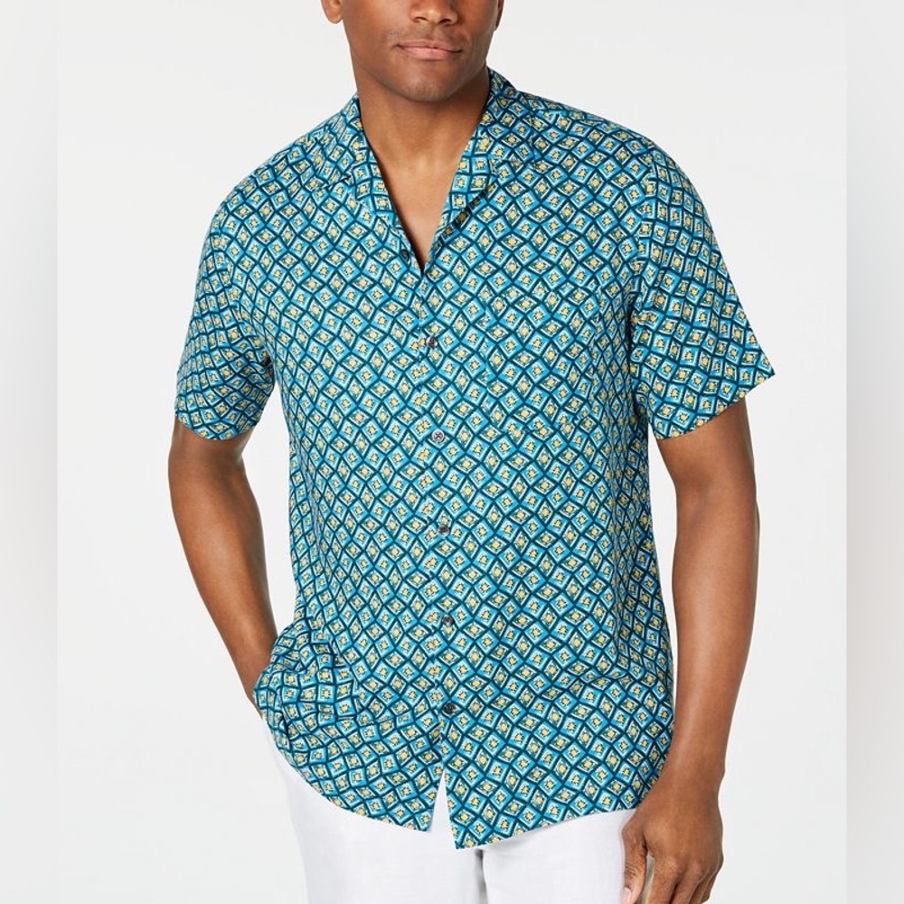 Mens TASSO ELBA Blue Geometric Silk Blend Short Sleeve Front Button Shirt Size S